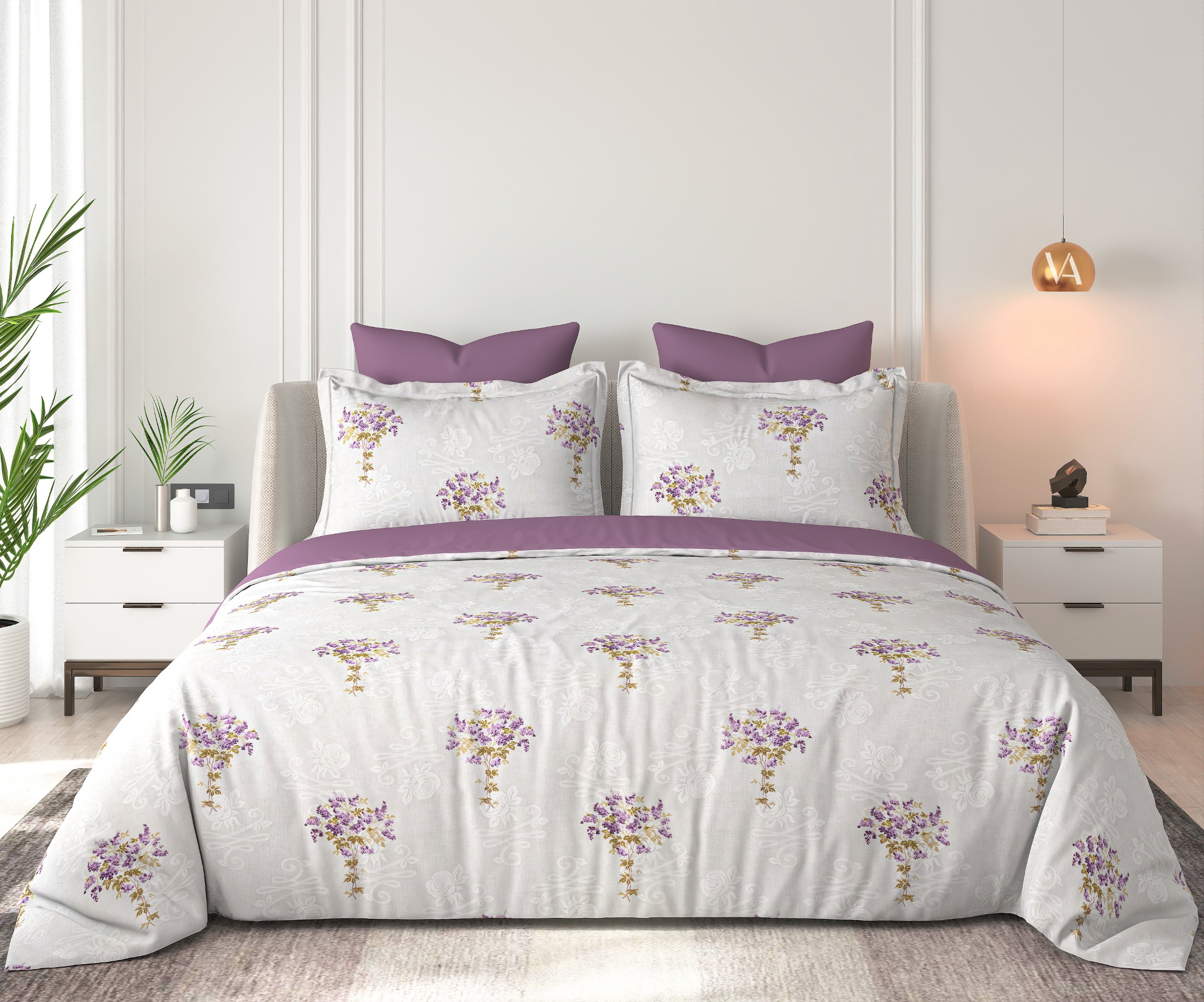 Floral Bliss Ivory Lavender Bloom Cotton King-Size Bedsheet Set